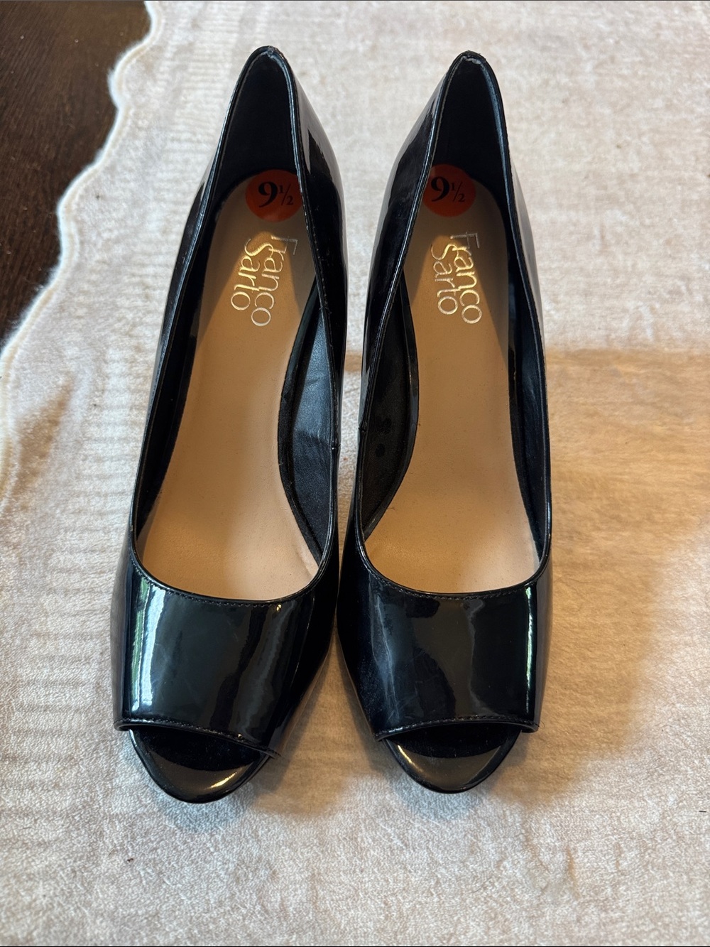 Franco Sarto Black Patent Peep-Toe Heels